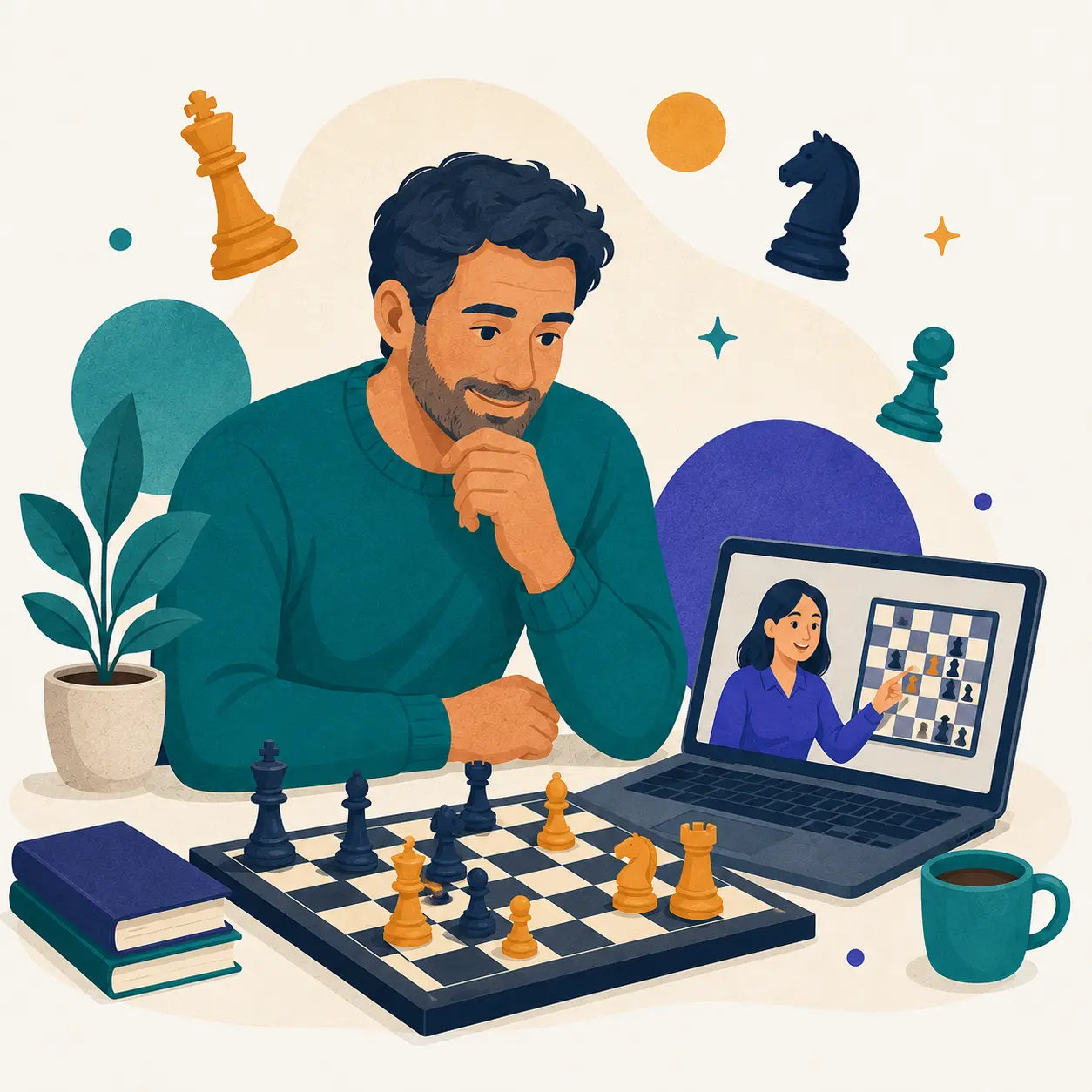 Jugador preparándose para un torneo de ajedrez con un entrenador online de Academia del Rey
